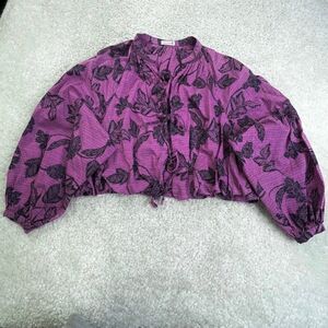Unsubscribed Tie Front Puff Sleeve Blouse Top Purple